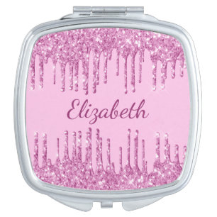 Pink glitter drips custom name script elegant compact mirror