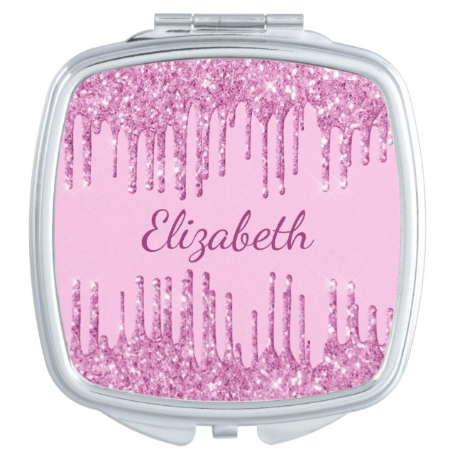 Pink glitter drips custom name script elegant compact mirror (Front)