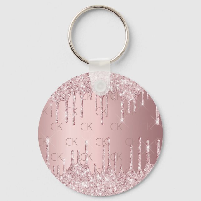 Pink glitter drips dusty rose monogram keychain (Front)