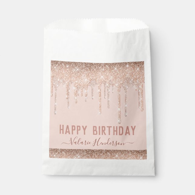 Pink Glitter Drips Happy Birthday Napkins Favor Bag (Front)