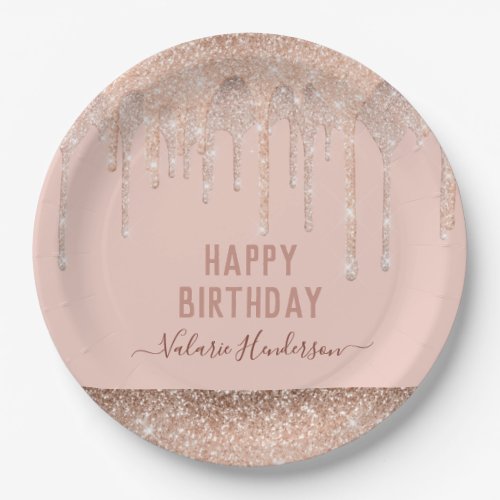 Pink Glitter Drips Happy Birthday Napkins Paper Plates