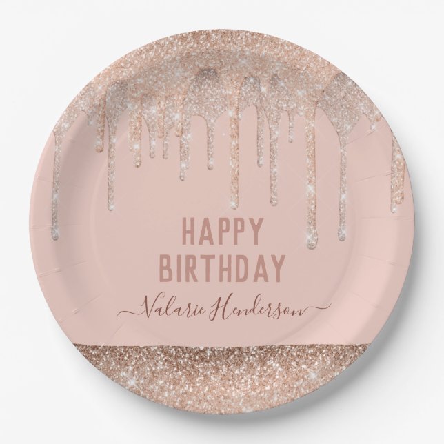 Pink Glitter Drips Happy Birthday Napkins Paper Plates (Front)