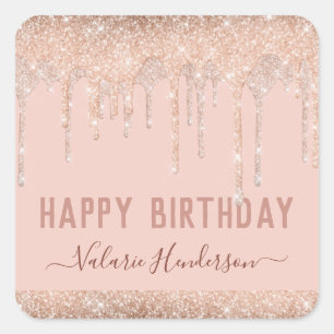 Pink Glitter Drips Happy Birthday Square Sticker