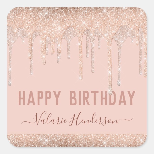 Pink Glitter Drips Happy Birthday Square Sticker (Front)