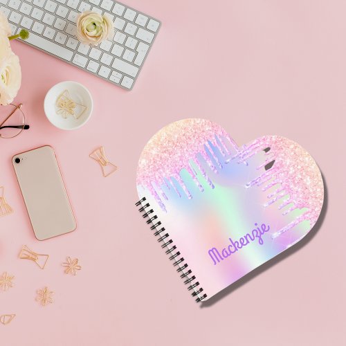 Pink glitter drips holographic girl name notebook