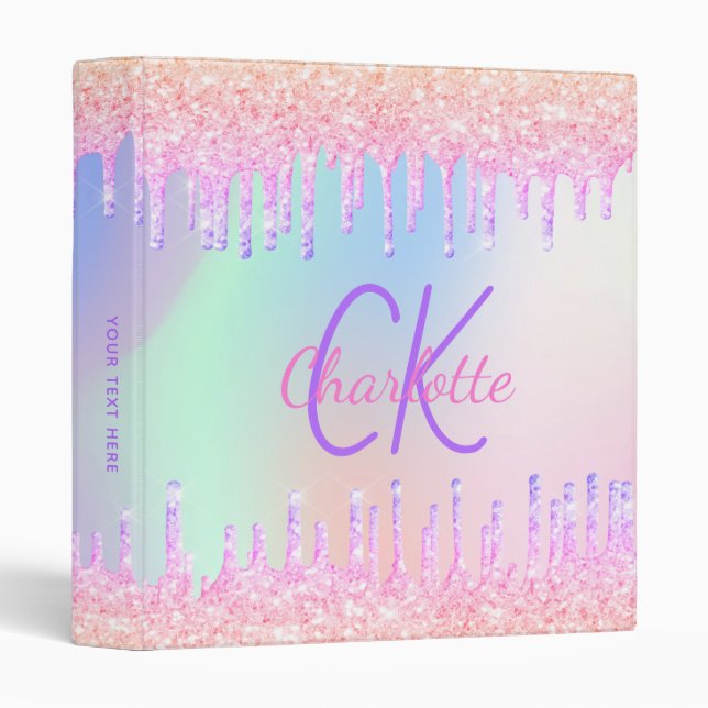 Pink glitter drips  holographic monogram 3 ring binder (Front/Spine)