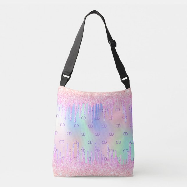 Pink glitter drips holographic monogram initials crossbody bag (Front)