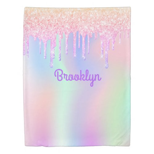 Pink glitter drips holographic name gilr duvet cover
