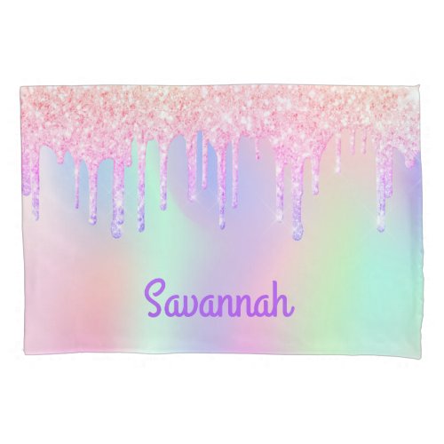Pink glitter drips holographic name girl pillow case