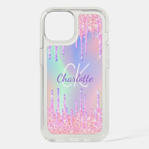 Pink glitter drips holographic name iPhone 15 case