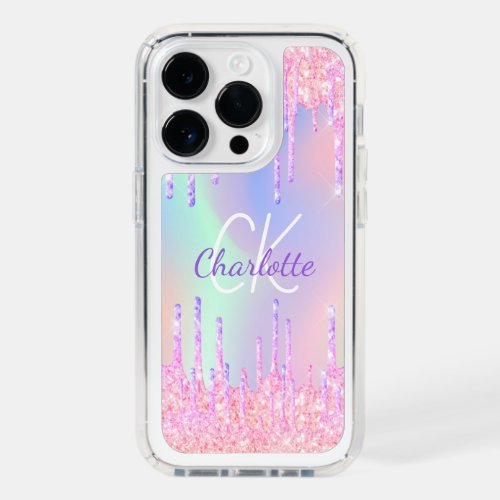Pink glitter drips holographic name speck iPhone 14 pro case