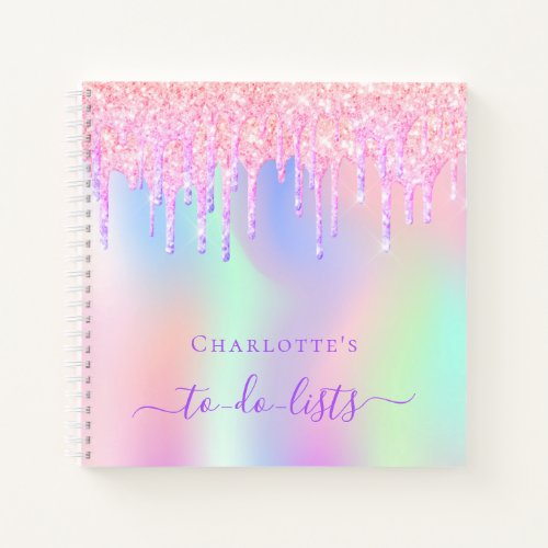 Pink glitter drips holographic unicorn to do lists notebook