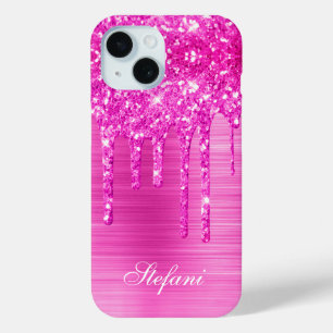 Pink Glitter Drips Hot Pink Foil Glam Girly iPhone 15 Case