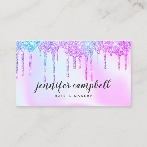 Pink glitter drips makeup hair holographic unicorn business card