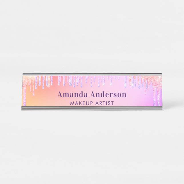 Pink glitter drips monogram beauty desk name plate (Front)