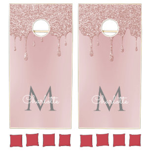 Pink Glitter Drips Monogram Elegant Girly Script Cornhole Set
