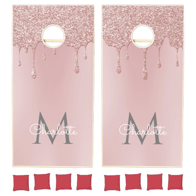 Pink Glitter Drips Monogram Elegant Girly Script Cornhole Set (Set)