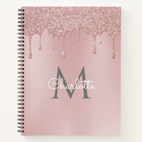 Pink Glitter Drips Monogram Elegant Girly Script Notebook