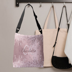 Pink glitter drips monogram elegant glamorous crossbody bag