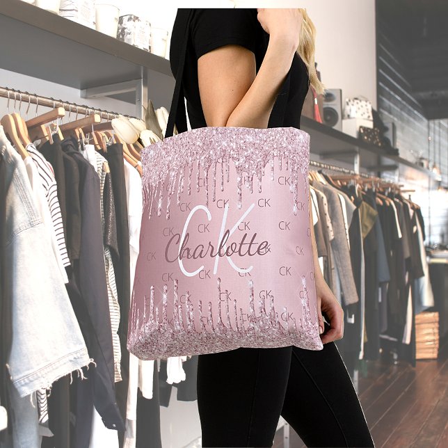 Pink glitter drips monogram elegant script tote bag (Creator Uploaded)