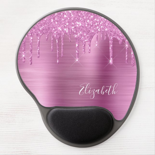 Pink Glitter Drips Monogram Gel Mouse Pad (Front)
