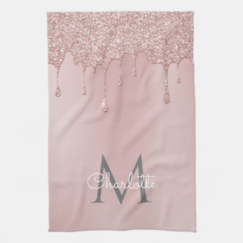 Pink Glitter Drips Monogram Girly Script Kitchen Towel