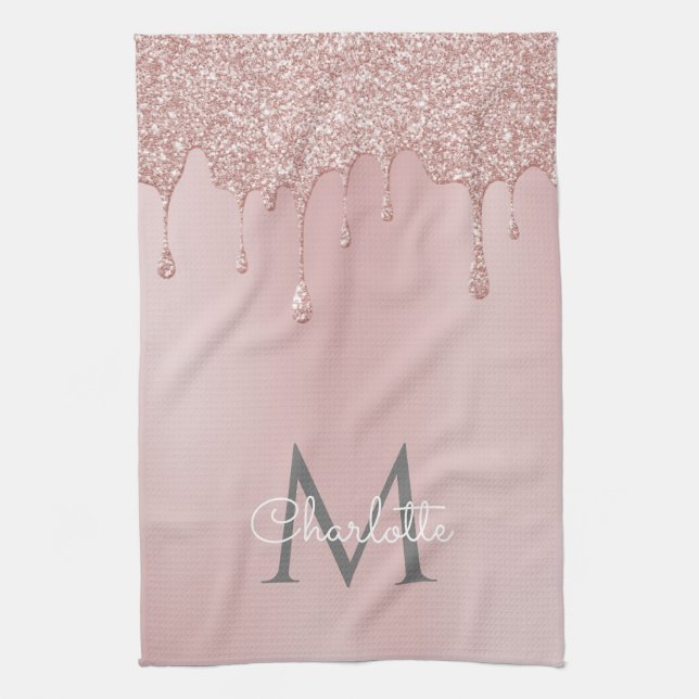 Pink Glitter Drips Monogram Girly Script Kitchen Towel (Vertical)
