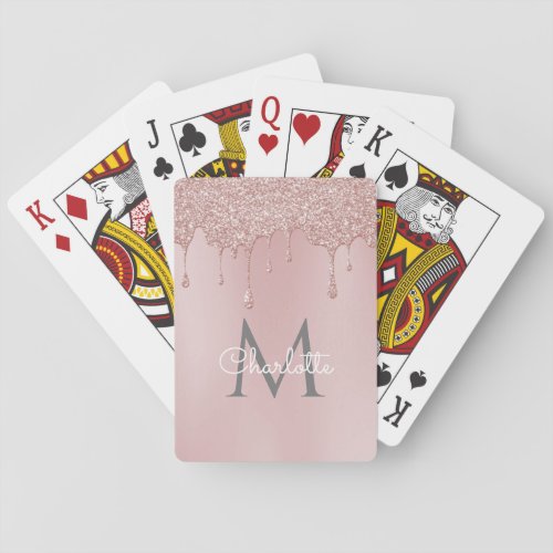 Pink Glitter Drips Monogram Girly Script Poker Cards