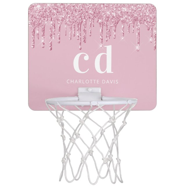 Pink glitter drips monogram initials name mini basketball hoop (Front)