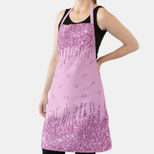 Pink glitter drips monogram initials pattern apron