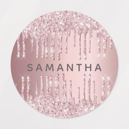 Pink glitter drips monogram name labels