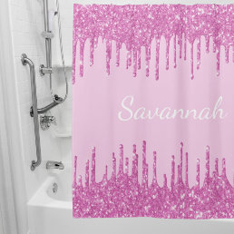 Pink glitter drips monogram name script shower curtain