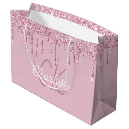 Pink glitter drips monogram sparkle luxury large gift bag