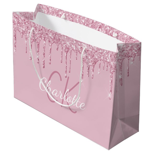 Pink glitter drips monogram sparkle luxury large gift bag (Back Angled)