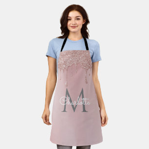 Pink Glitter Drips Monogram Stylish Girly Script Apron