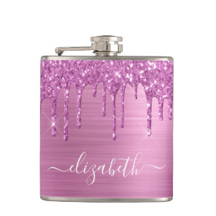 Pink Glitter Drips Monogrammed Flask
