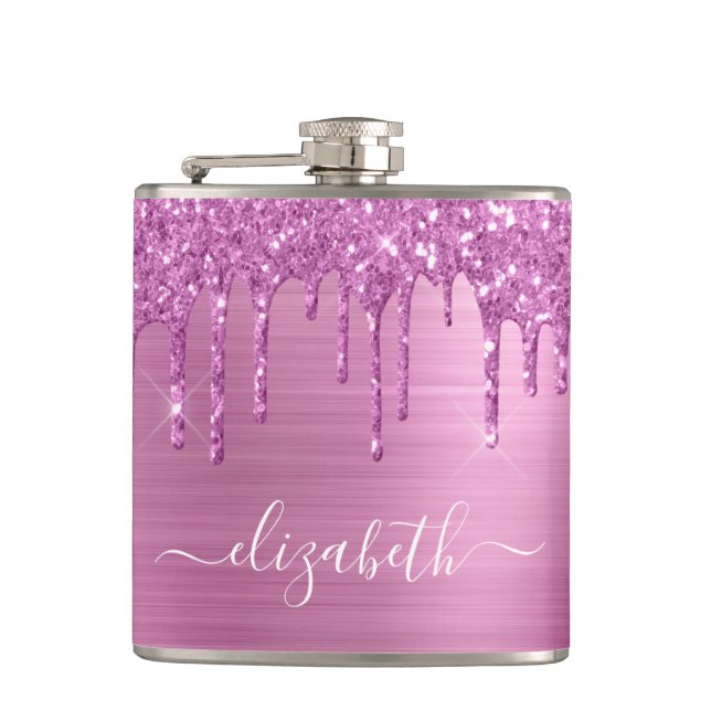 Pink Glitter Drips Monogrammed Flask (Front)