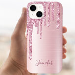 Pink glitter drips name girly name iPhone 15 case<br><div class="desc">An elegant,  girly and glam phone case. Blush pink background and faux glitter drip,  paint dripping look. Insert your name,  written with a modern hand lettered style script. Dark rose gold colored letters.</div>