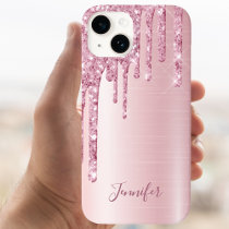 Pink glitter drips name girly name iPhone 15 case