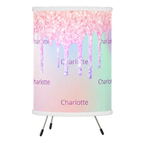 Pink glitter drips name holographic girl tripod lamp
