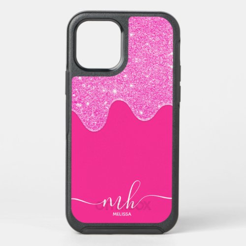 Pink glitter drips neon pink girly chic monogram OtterBox symmetry iPhone 12 case