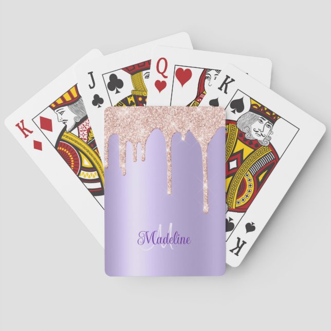 Pink Glitter Drips on Lavender - Monogrammed Poker Cards (Back)