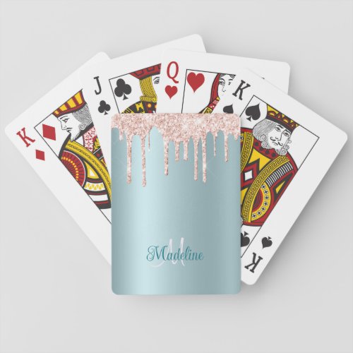 Pink Glitter Drips on Pale Teal _ Monogrammed Poker Cards