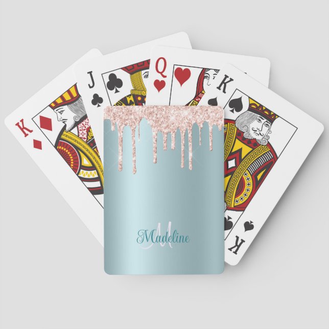 Pink Glitter Drips on Pale Teal - Monogrammed Poker Cards (Back)