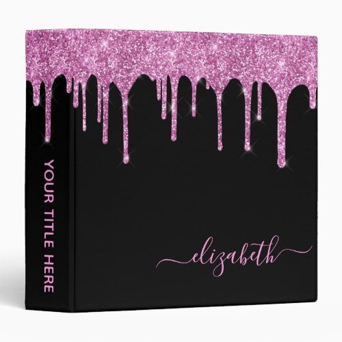 Pink Glitter Drips Personalized Black 3 Ring Binder