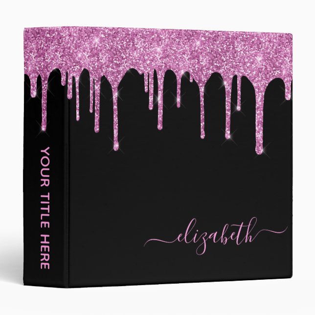 Pink Glitter Drips Personalized Black 3 Ring Binder (Front/Spine)