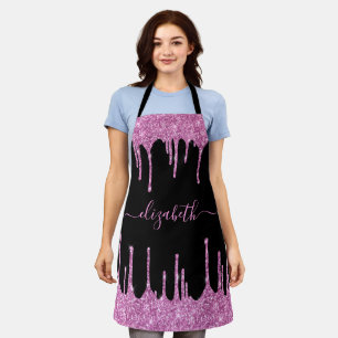 Pink Glitter Drips Personalized Black Apron