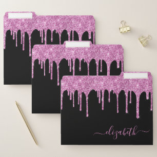 Pink Glitter Drips Personalized Black File Folder