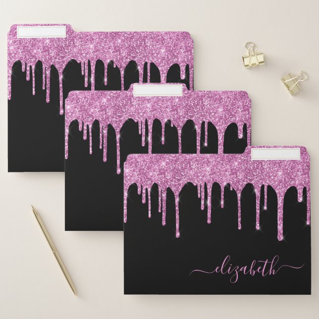 Pink Glitter Drips Personalized Black File Folder (Set)