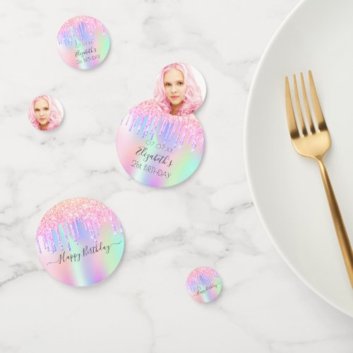 Pink glitter drips photo holographic birthday confetti